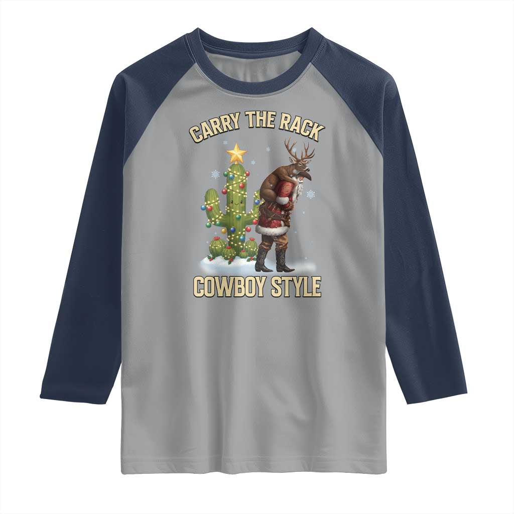 Funny Santa Hunting Raglan Shirt Carry The Rack Cowboy Style TS14 Sport Gray Navy Print Your Wear