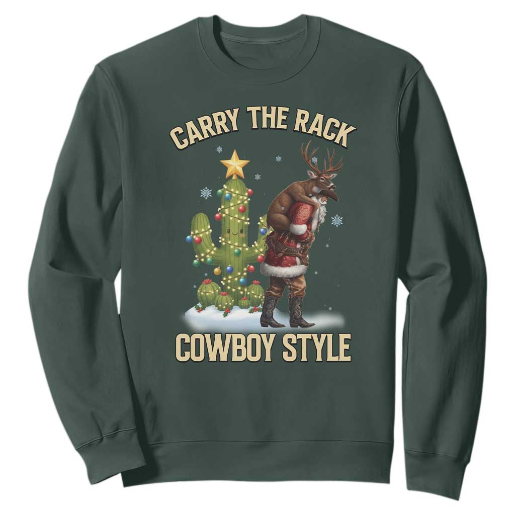 Funny Santa Hunting Sweatshirt Carry The Rack Cowboy Style TS14 Dark Forest Green Print Your Wear