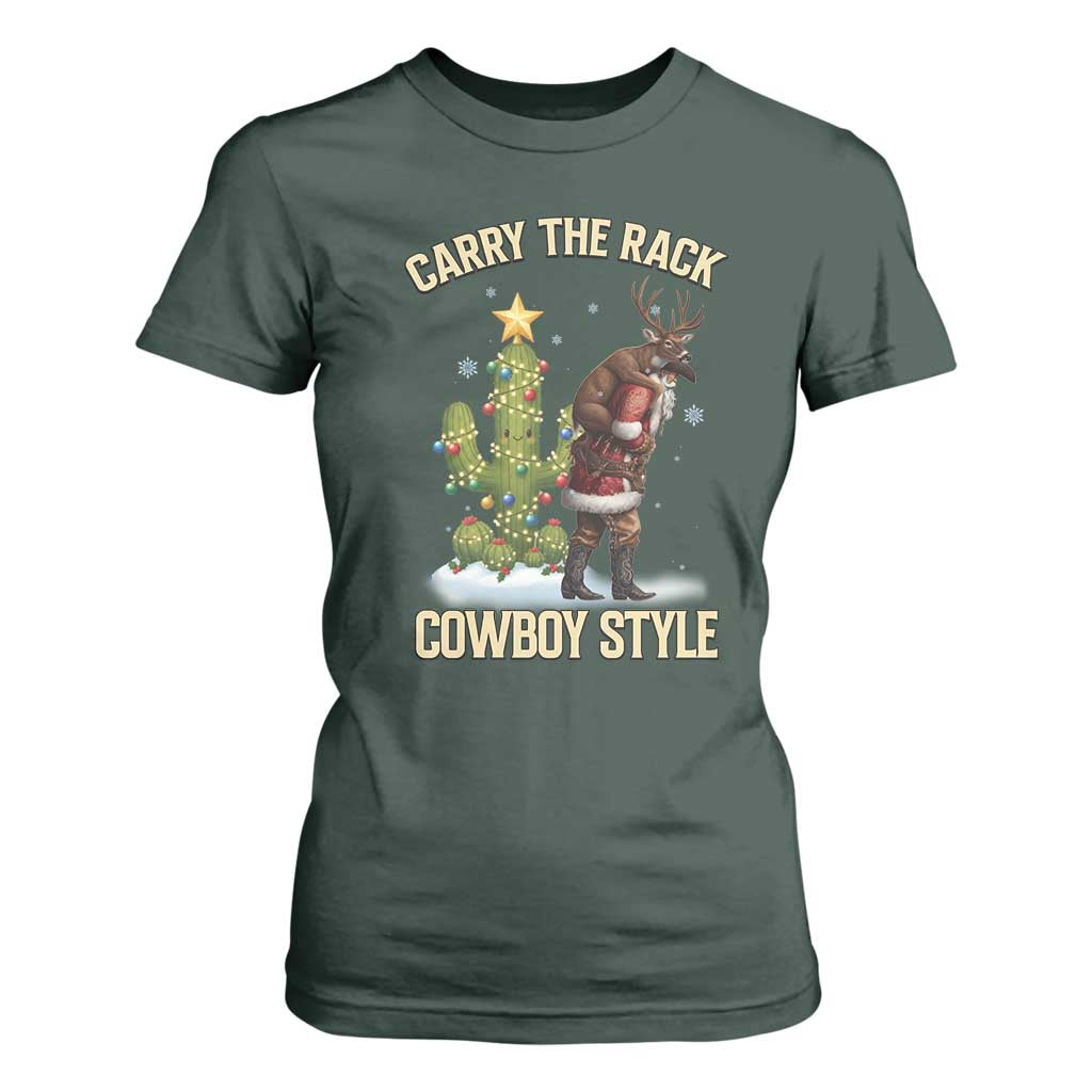 Funny Santa Hunting T Shirt For Women Carry The Rack Cowboy Style TS14 Dark Forest Green Print Your Wear