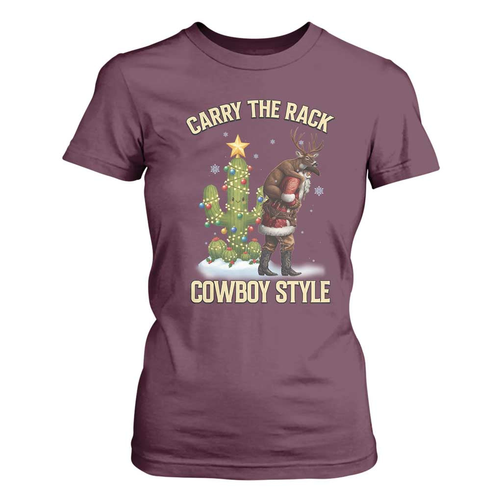 Funny Santa Hunting T Shirt For Women Carry The Rack Cowboy Style TS14 Maroon Print Your Wear