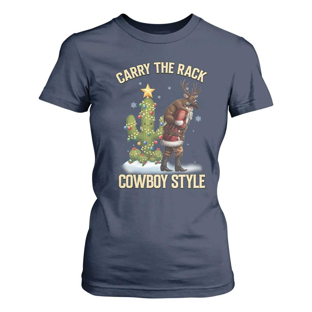 Funny Santa Hunting T Shirt For Women Carry The Rack Cowboy Style TS14 Navy Print Your Wear