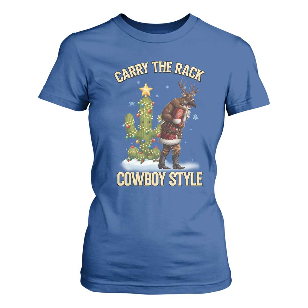 Funny Santa Hunting T Shirt For Women Carry The Rack Cowboy Style TS14 Royal Blue Print Your Wear