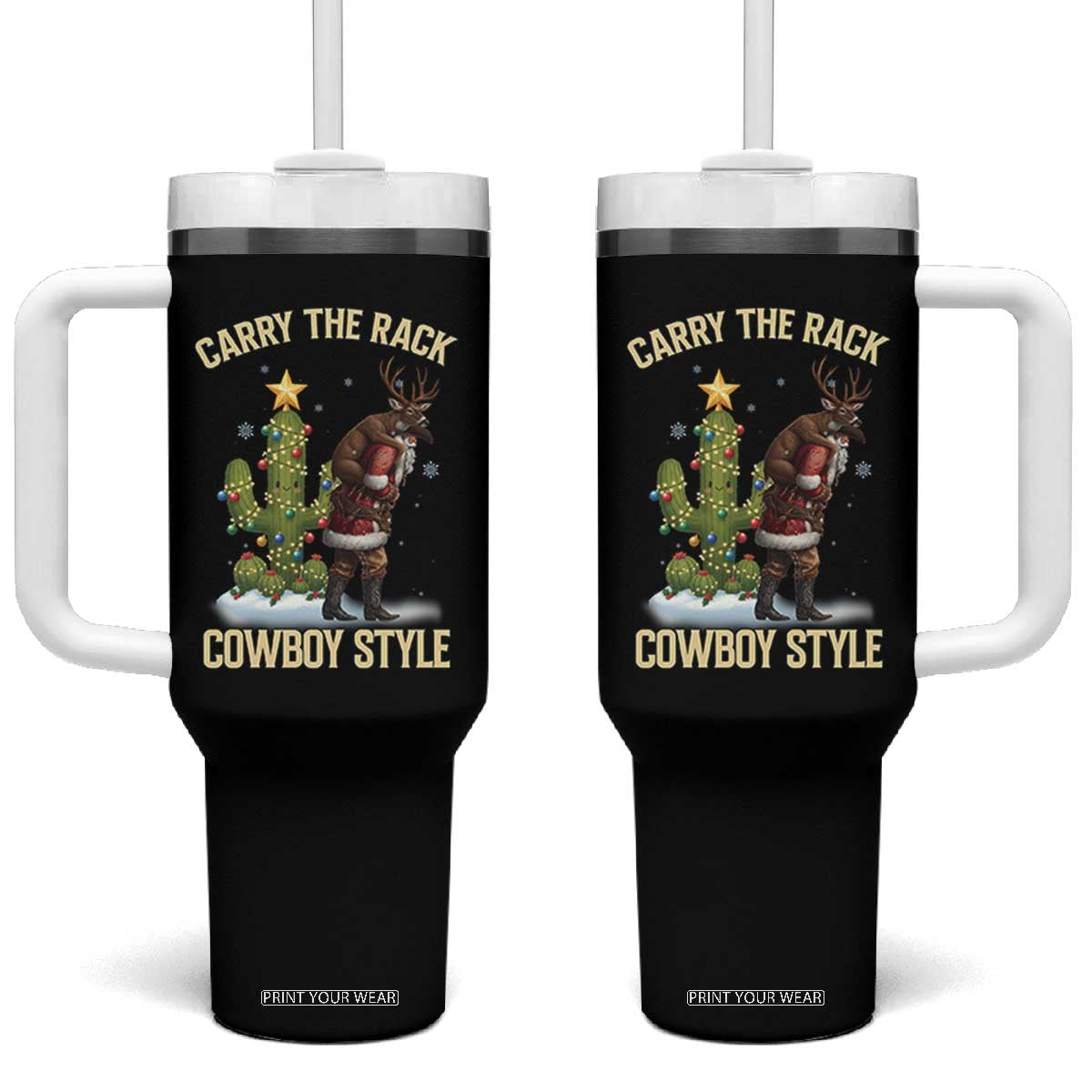 Funny Santa Hunting Tumbler With Handle Carry The Rack Cowboy Style TS14 One Size: 40 oz Black Print Your Wear