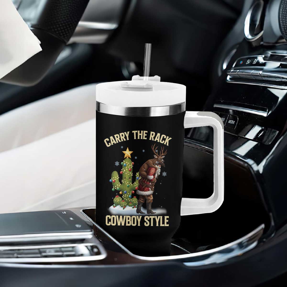 Funny Santa Hunting Tumbler With Handle Carry The Rack Cowboy Style TS14 Print Your Wear