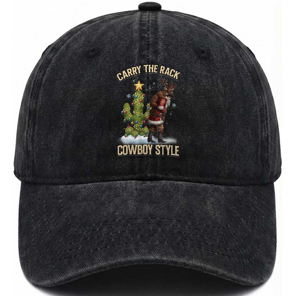 Funny Santa Hunting Washed Cotton Baseball Cap Carry The Rack Cowboy Style TS14 Washed Cap Universal Fit Black Print Your Wear