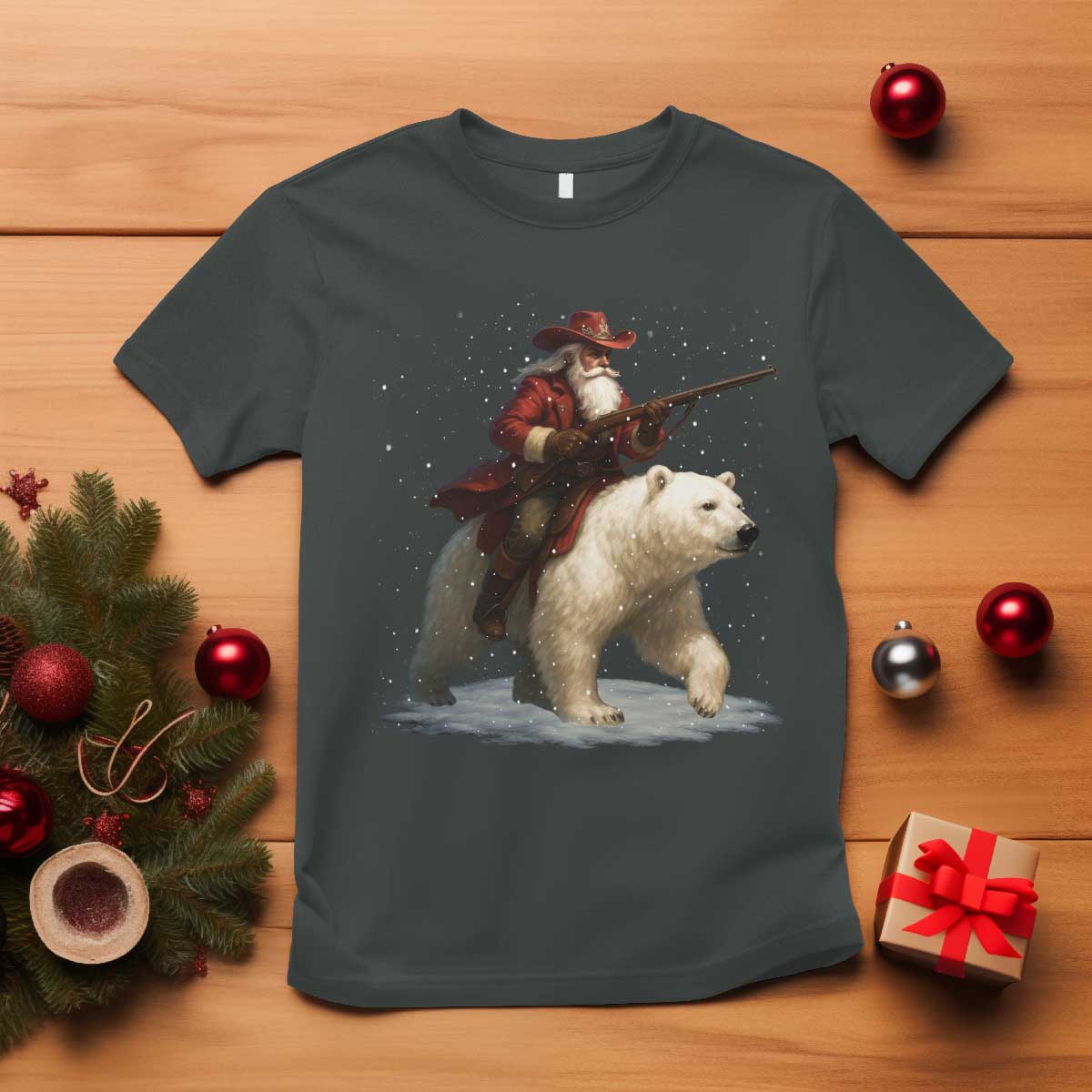 Funny Santa Gun Christmas T Shirt TS14 Dark Heather Print Your Wear