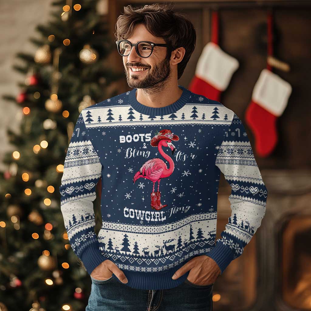 Cowboy Flamingo Ugly Christmas Sweater Boots And Bling It Is A Cowgirl Thing TS14 Navy Beige Print Your Wear