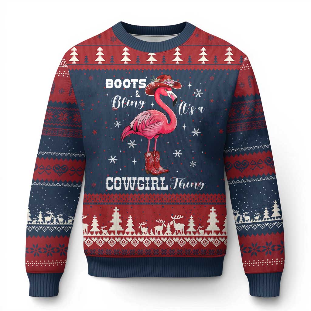Cowboy Flamingo Ugly Christmas Sweater Boots And Bling It Is A Cowgirl Thing TS14 Navy Red Print Your Wear