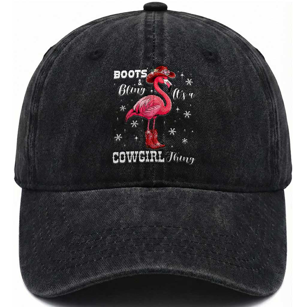 Cowboy Flamingo Washed Cotton Baseball Cap Boots And Bling It Is A Cowgirl Thing TS14 Washed Cap Universal Fit Black Print Your Wear