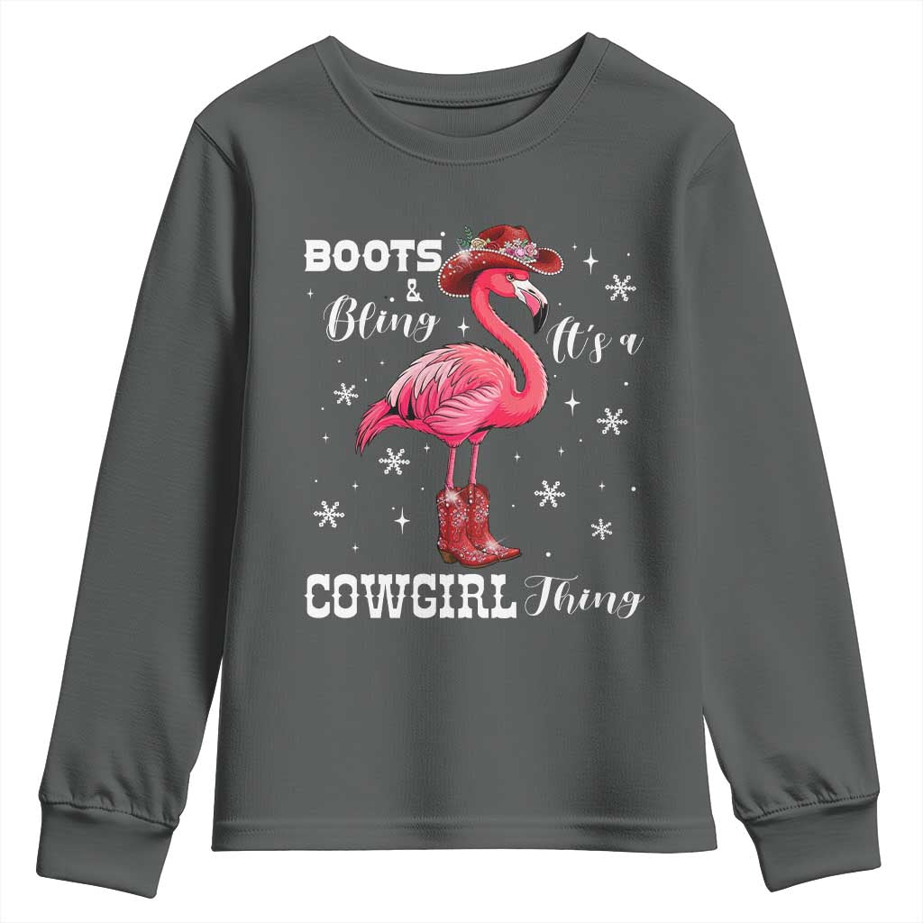 Cowboy Flamingo Youth Sweatshirt Boots And Bling It Is A Cowgirl Thing TS14 Dark Heather Print Your Wear