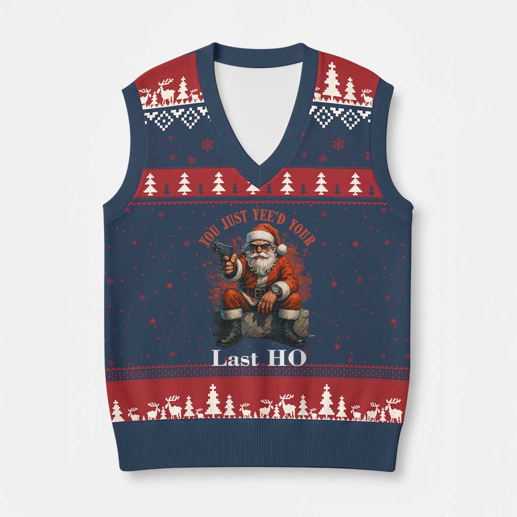 Funny Santa Gun Xmas V-Neck Knit Sweater Vest You Just Yeed Your Last Ho TS14 Navy Red Print Your Wear