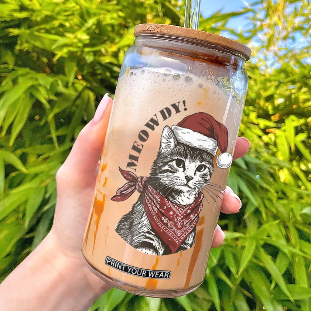 Cowboy Cat Christmas Glass Can Meowdy Western Rodeo TS14 White Print Your Wear