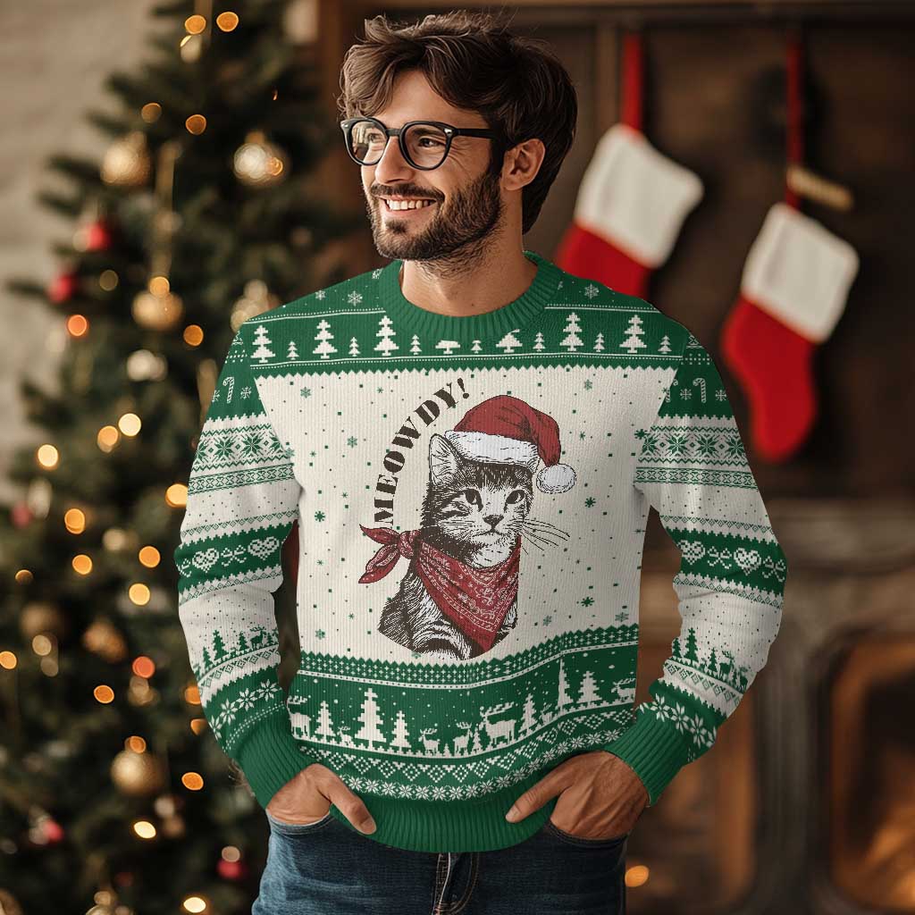 Cowboy Cat Xmas Ugly Christmas Sweater Meowdy Western Rodeo TS14 Beige Green Print Your Wear