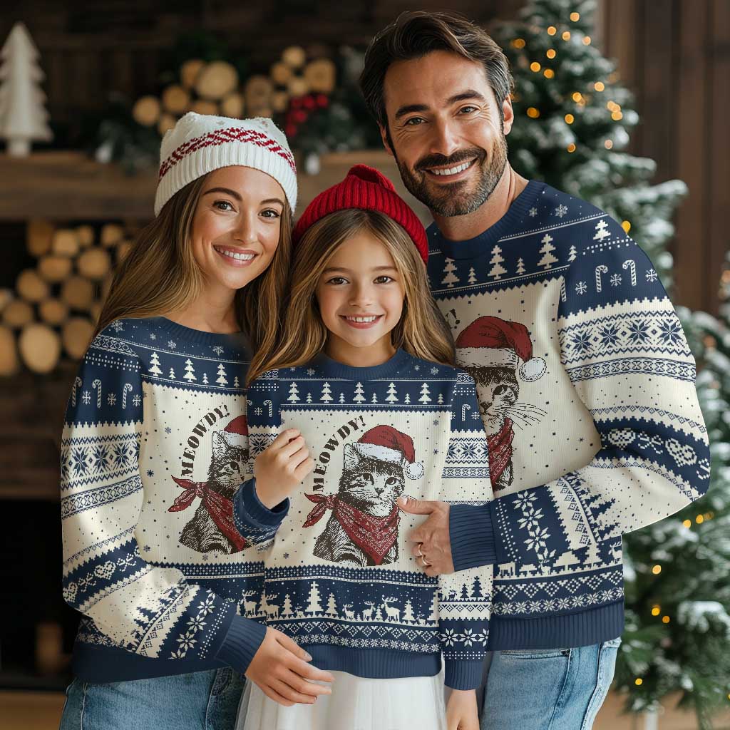 Cowboy Cat Xmas Ugly Christmas Sweater Meowdy Western Rodeo TS14 Beige Navy Print Your Wear