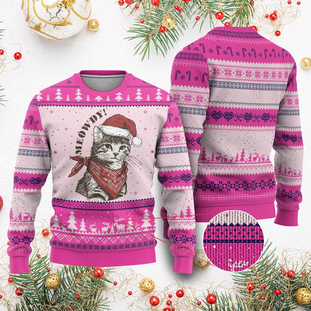 Cowboy Cat Xmas Ugly Christmas Sweater Meowdy Western Rodeo TS14 Hot Pink Print Your Wear
