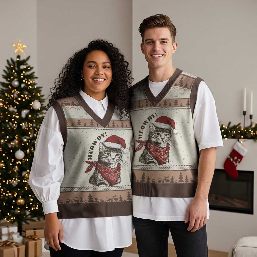 Cowboy Cat Xmas V-Neck Knit Sweater Vest Meowdy Western Rodeo TS14 Mocha Mousse Print Your Wear