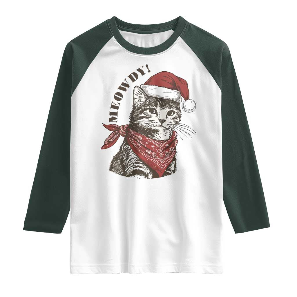 Cowboy Cat Christmas Raglan Shirt Meowdy Western Rodeo TS14 White Dark Forest Green Print Your Wear
