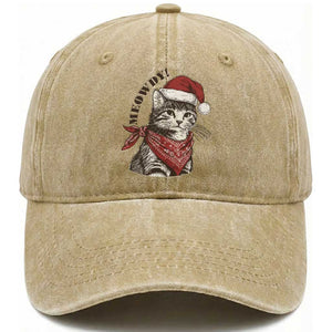 Cowboy Cat Christmas Washed Cotton Baseball Cap Meowdy Western Rodeo TS14 Washed Cap Universal Fit Khaki Print Your Wear
