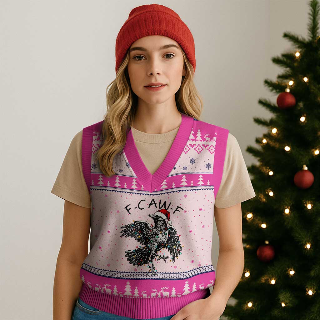 Xmas F Caw F V-Neck Knit Sweater Vest Funny Black Crow Meme TS14 Hot Pink Print Your Wear