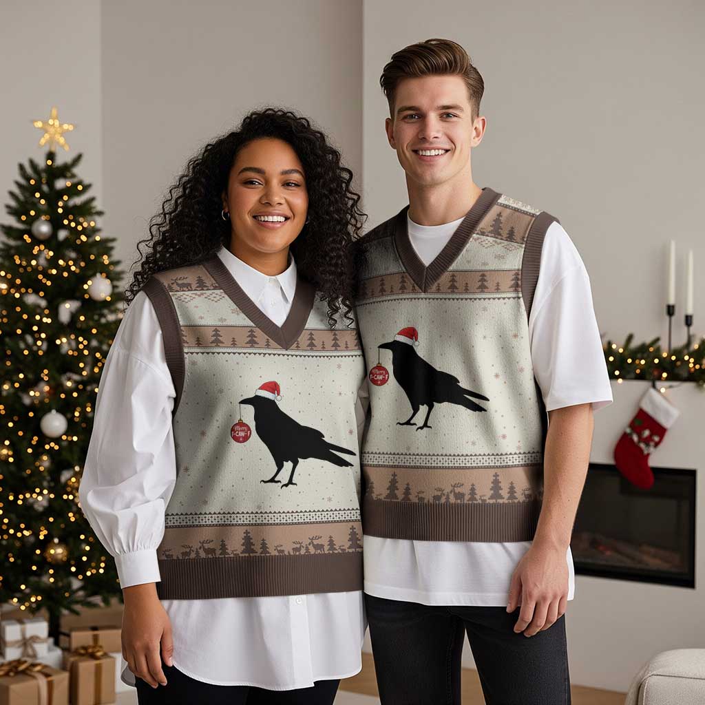 Xmas F Caw F V-Neck Knit Sweater Vest Funny Black Crow Merry Xmas TS14 Mocha Mousse Print Your Wear
