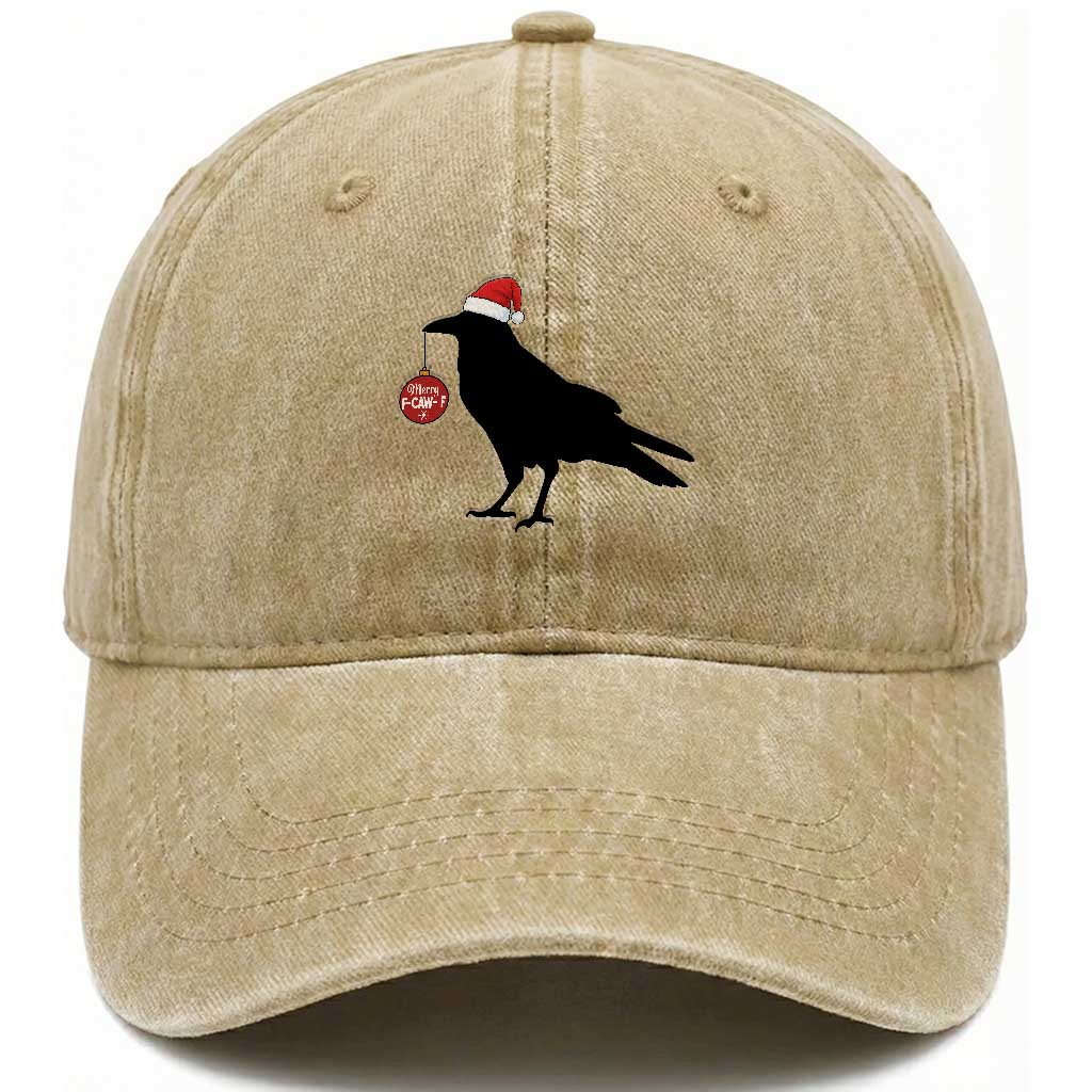 Christmas F Caw F Washed Cotton Baseball Cap Funny Black Crow Merry Xmas TS14 Washed Cap Universal Fit Khaki Print Your Wear