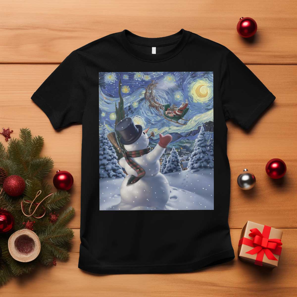 Christmas Snowman Starry Night T Shirt TS14 Black Print Your Wear