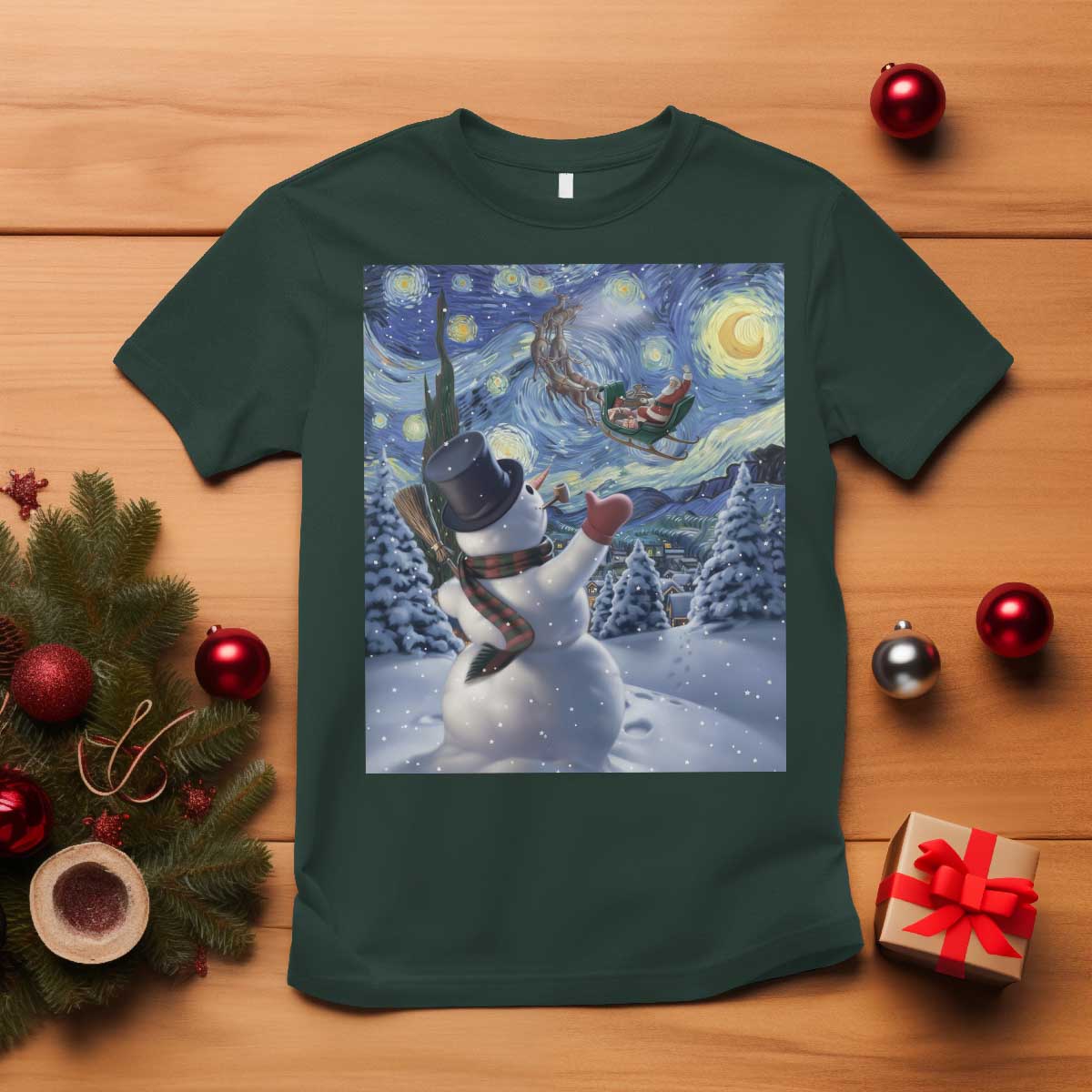 Christmas Snowman Starry Night T Shirt TS14 Dark Forest Green Print Your Wear