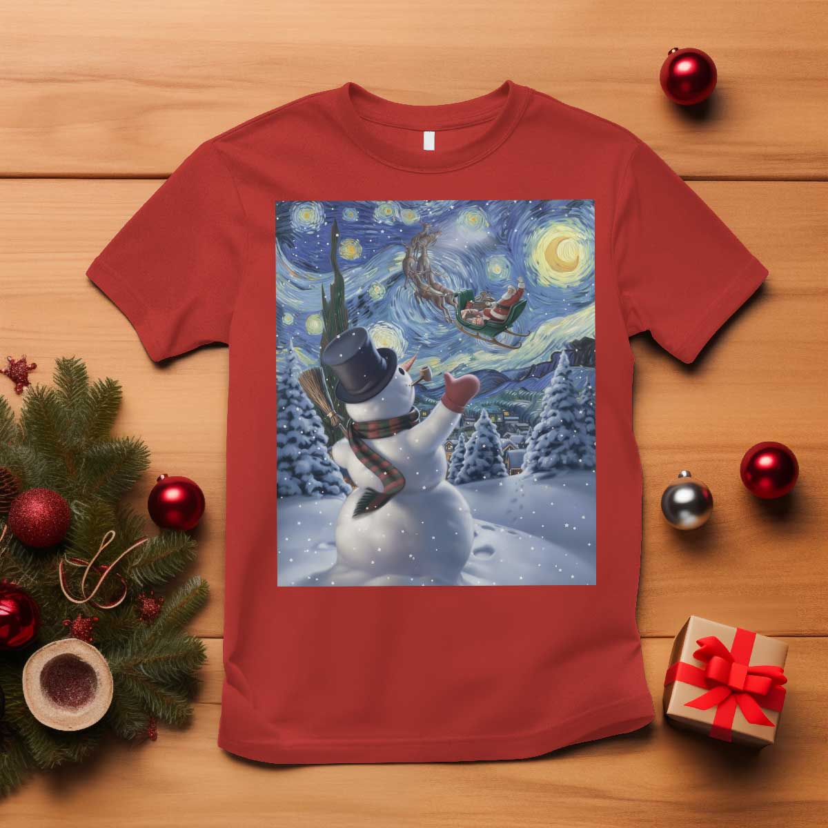 Christmas Snowman Starry Night T Shirt TS14 Red Print Your Wear