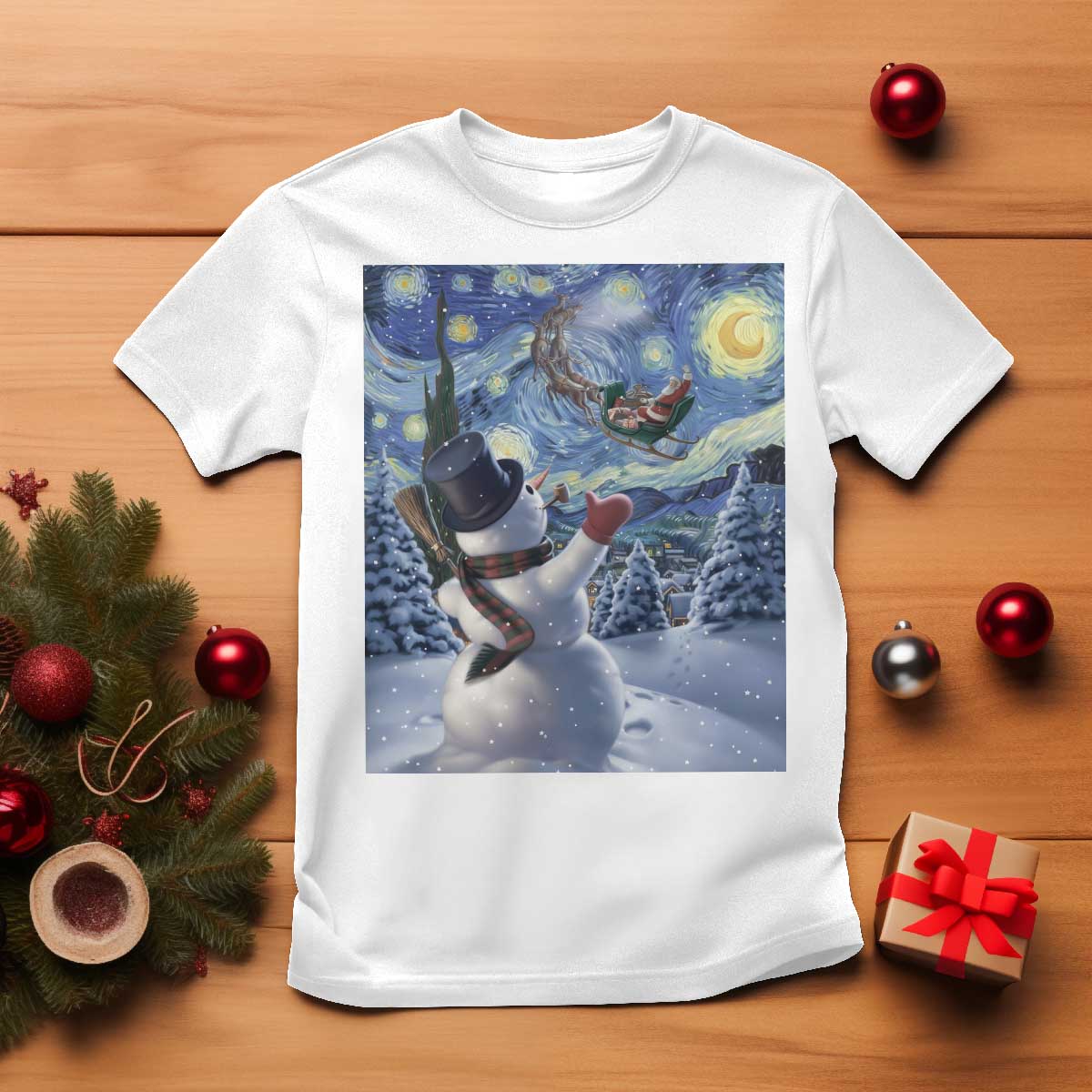 Christmas Snowman Starry Night T Shirt TS14 White Print Your Wear