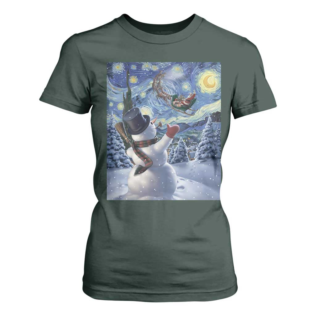 Christmas Snowman Starry Night T Shirt For Women TS14 Dark Forest Green Print Your Wear