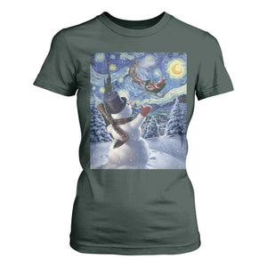 Christmas Snowman Starry Night T Shirt For Women TS14 Dark Forest Green Print Your Wear