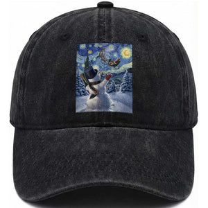 Christmas Snowman Starry Night Washed Cotton Baseball Cap TS14 Washed Cap Universal Fit Black Print Your Wear
