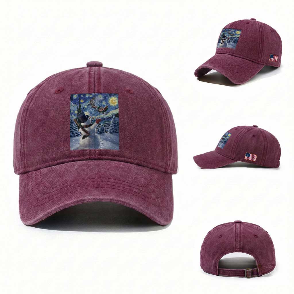 Christmas Snowman Starry Night Washed Cotton Baseball Cap TS14 Washed Cap Universal Fit Burgundy Print Your Wear