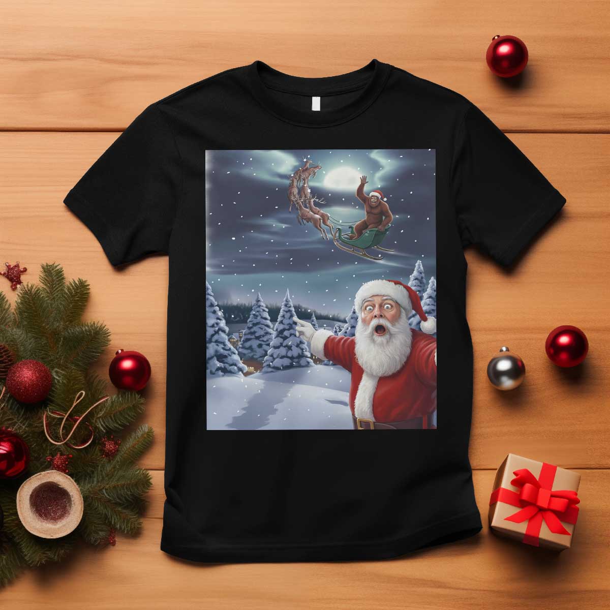 Funny Santa With Bigfoot Selfie Christmas T Shirt TS14 Black Print Your Wear