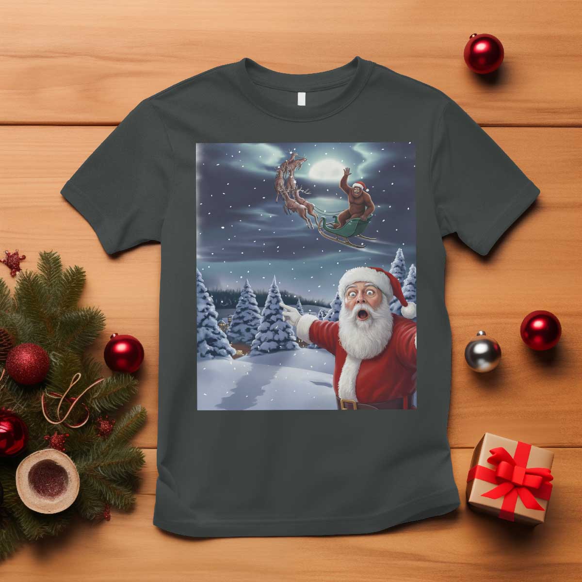 Funny Santa With Bigfoot Selfie Christmas T Shirt TS14 Dark Heather Print Your Wear