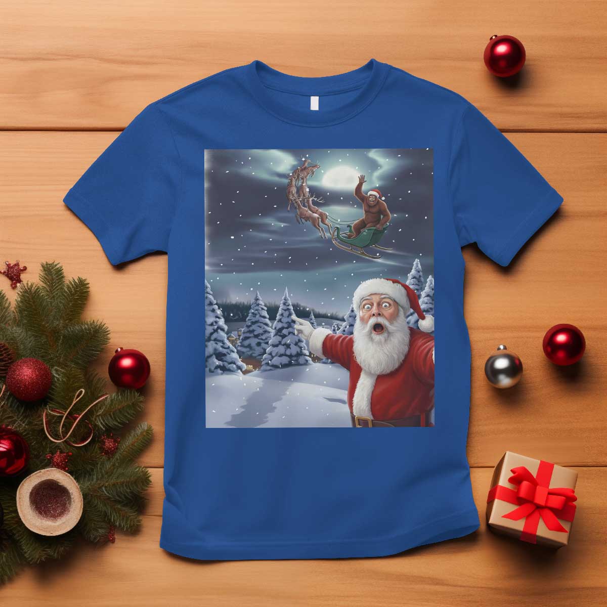 Funny Santa With Bigfoot Selfie Christmas T Shirt TS14 Royal Blue Print Your Wear