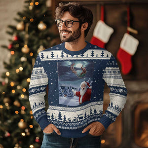 Funny Santa With Bigfoot Selfie Xmas Ugly Christmas Sweater TS14 Navy Beige Print Your Wear