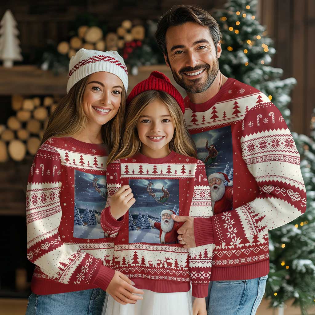 Funny Santa With Bigfoot Selfie Xmas Ugly Christmas Sweater TS14 Red Beige Print Your Wear