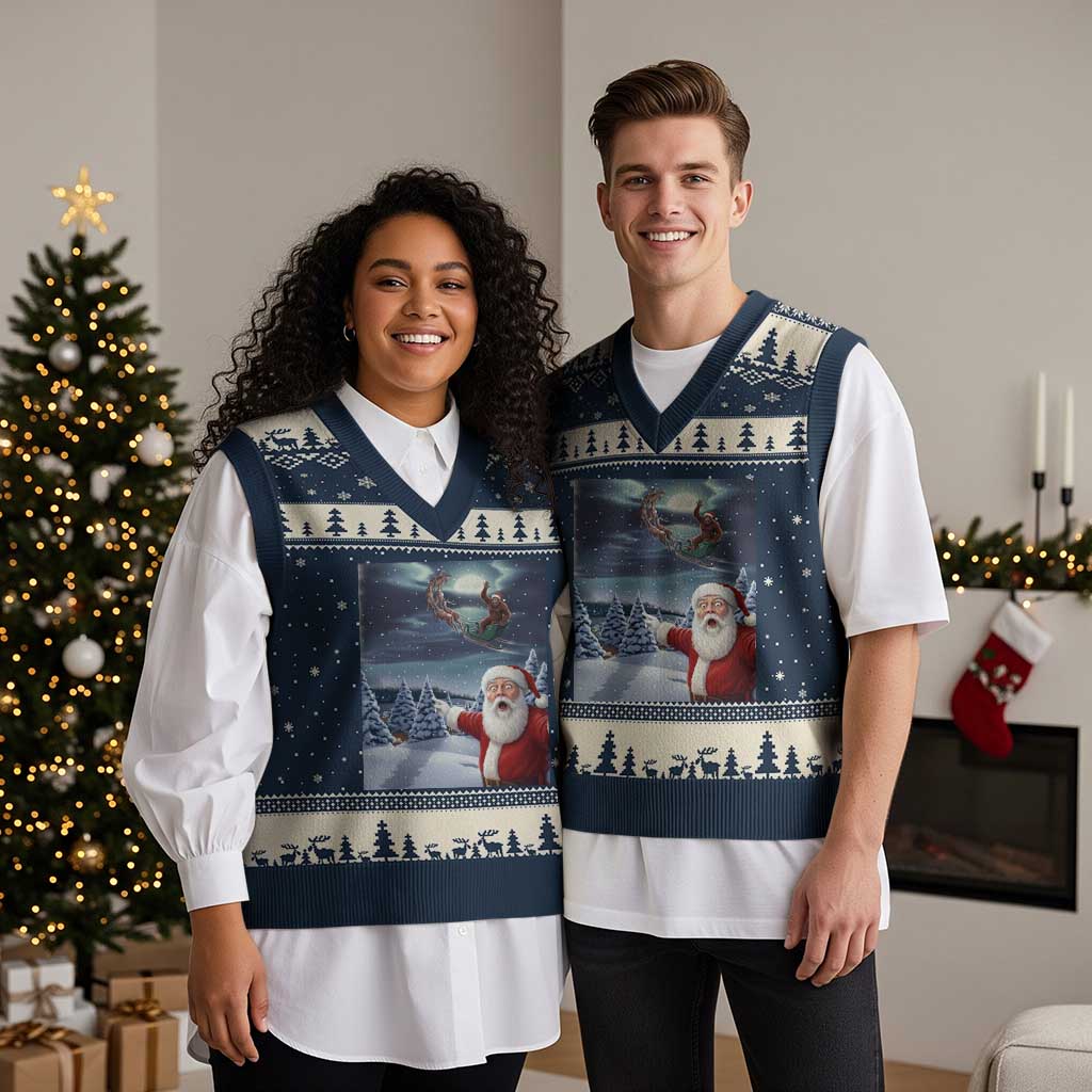 Funny Santa With Bigfoot Selfie Xmas V-Neck Knit Sweater Vest TS14 Navy Beige Print Your Wear