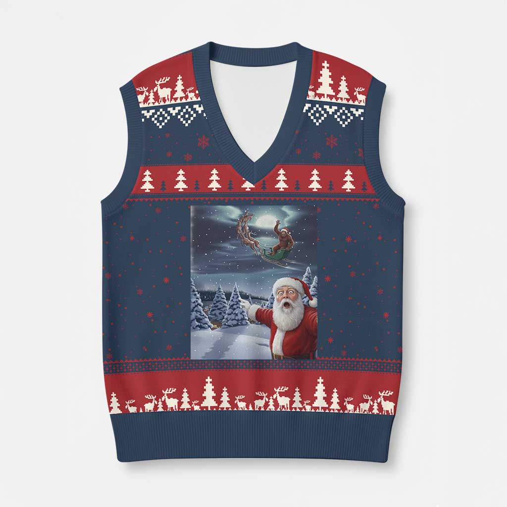 Funny Santa With Bigfoot Selfie Xmas V-Neck Knit Sweater Vest TS14 Navy Red Print Your Wear