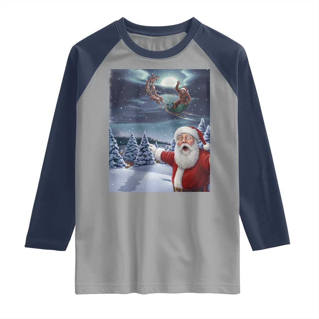 Funny Santa With Bigfoot Selfie Christmas Raglan Shirt TS14 Sport Gray Navy Print Your Wear