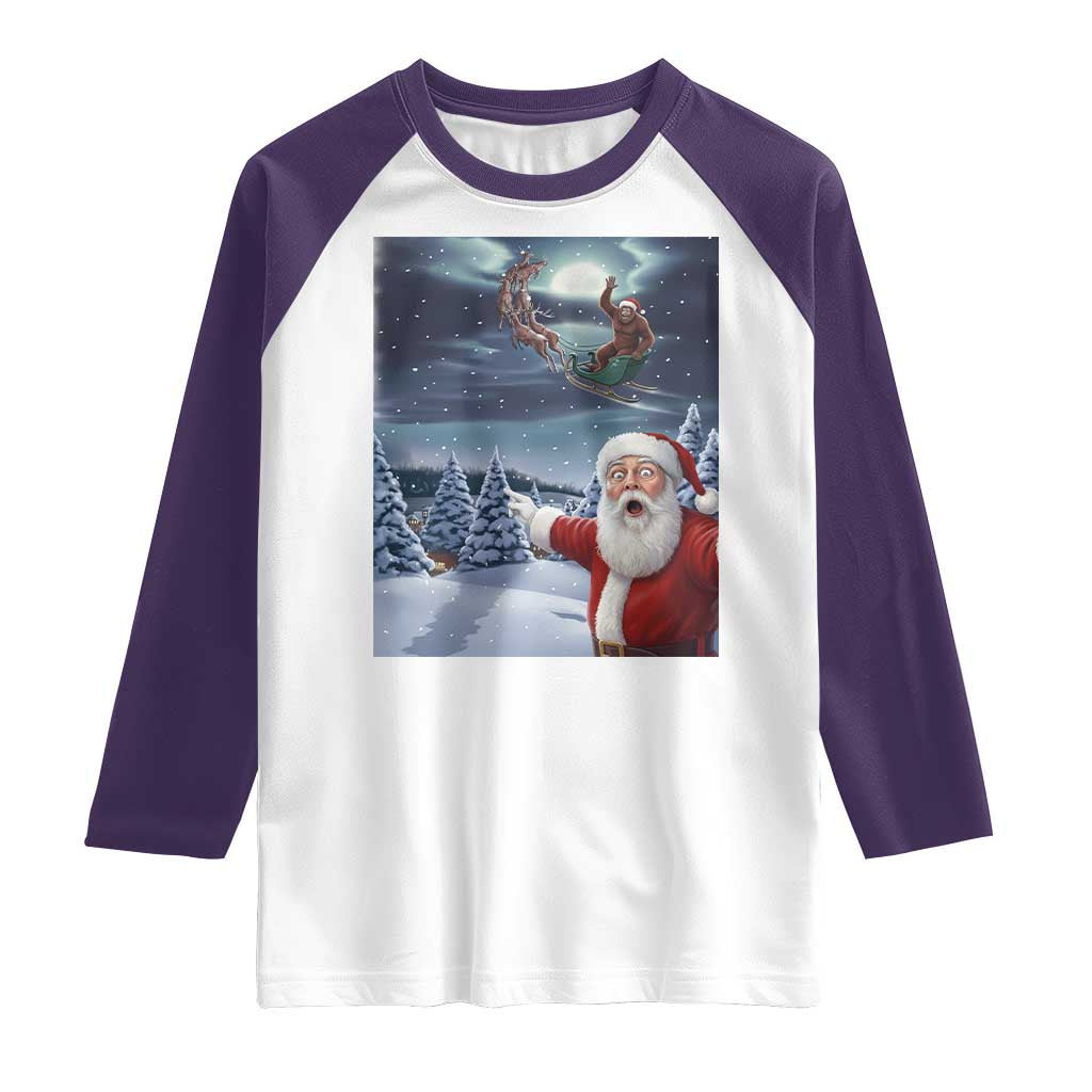 Funny Santa With Bigfoot Selfie Christmas Raglan Shirt TS14 White Purple Print Your Wear