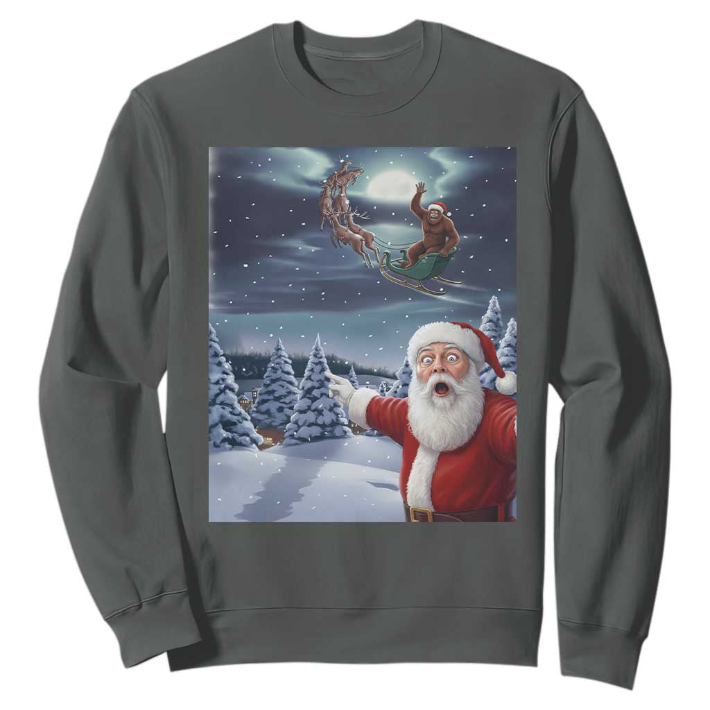 Funny Santa With Bigfoot Selfie Christmas Sweatshirt TS14 Dark Heather Print Your Wear