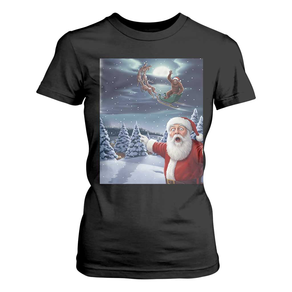 Funny Santa With Bigfoot Selfie Christmas T Shirt For Women TS14 Black Print Your Wear