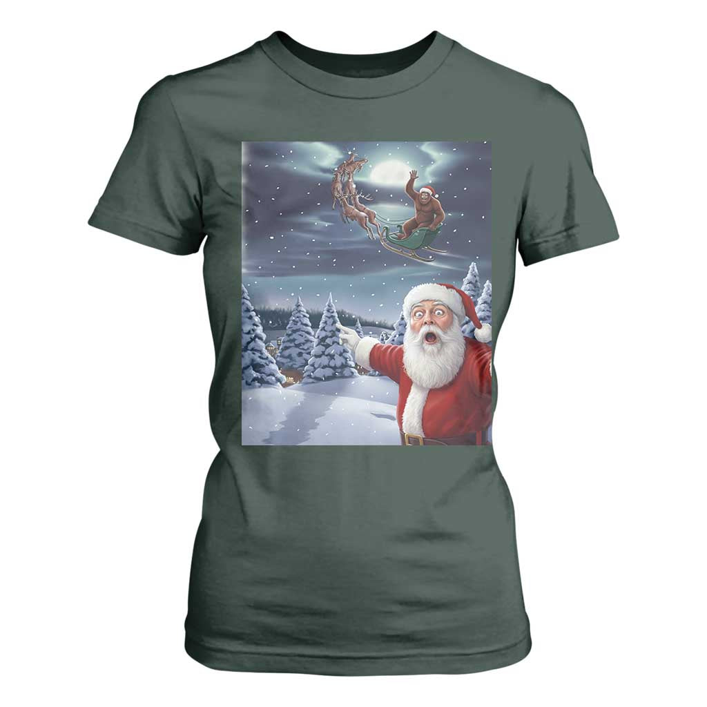 Funny Santa With Bigfoot Selfie Christmas T Shirt For Women TS14 Dark Forest Green Print Your Wear