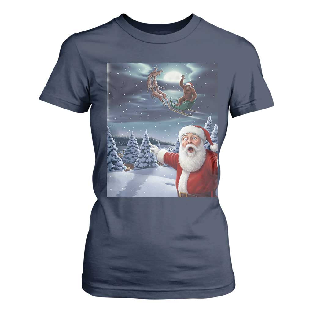 Funny Santa With Bigfoot Selfie Christmas T Shirt For Women TS14 Navy Print Your Wear