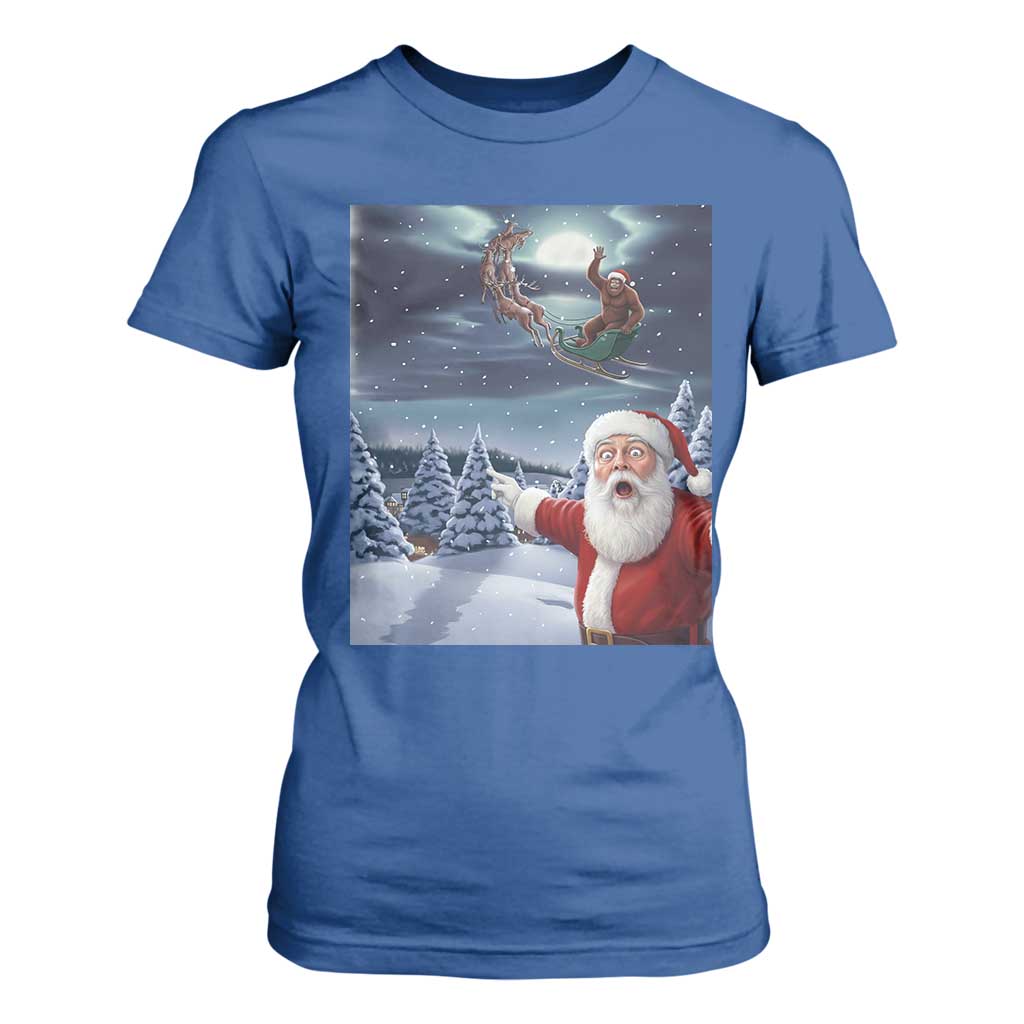 Funny Santa With Bigfoot Selfie Christmas T Shirt For Women TS14 Royal Blue Print Your Wear