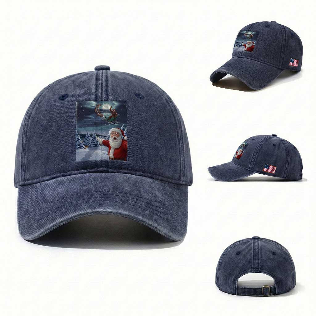 Funny Santa With Bigfoot Selfie Christmas Washed Cotton Baseball Cap TS14 Washed Cap Universal Fit Navy Print Your Wear