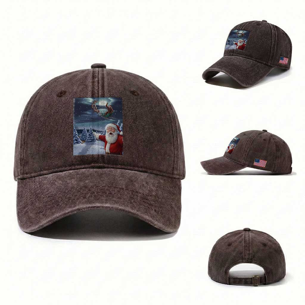 Funny Santa With Bigfoot Selfie Christmas Washed Cotton Baseball Cap TS14 Washed Cap Universal Fit Dark Brown Print Your Wear