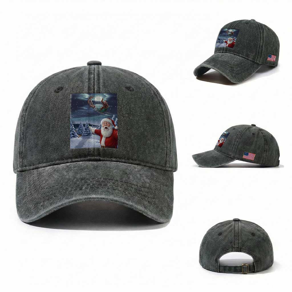 Funny Santa With Bigfoot Selfie Christmas Washed Cotton Baseball Cap TS14 Washed Cap Universal Fit Dark Green Print Your Wear